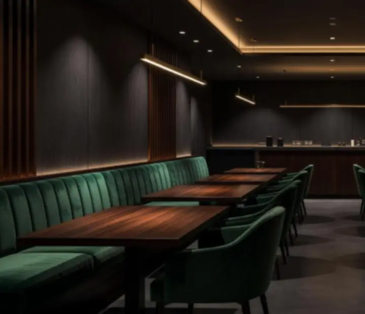 Moody evening dining room with emerald tones and candlelit tables
