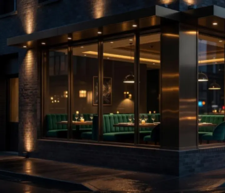 Exterior of Suited and Seared at night with guests arriving for dinner