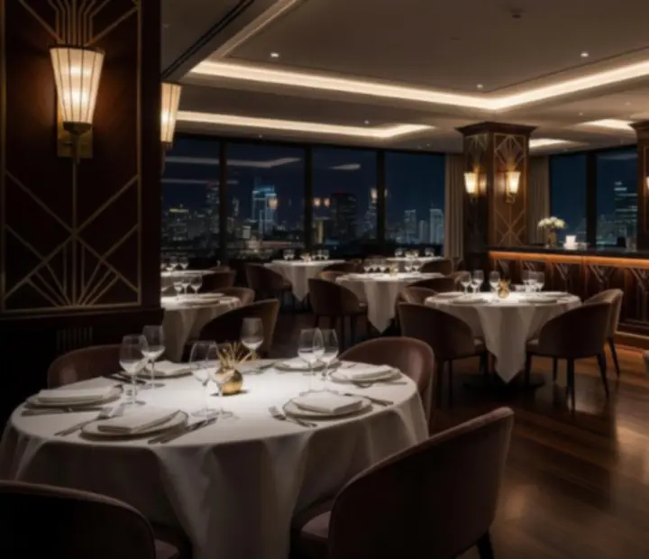Elegant evening event space set for a private dinner at Suited and Seared