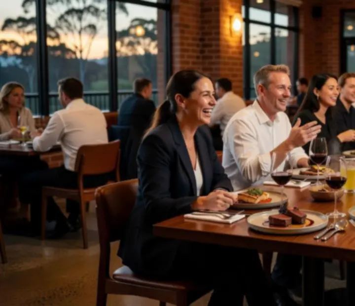 Guests sharing a refined dinner in a moody restaurant setting