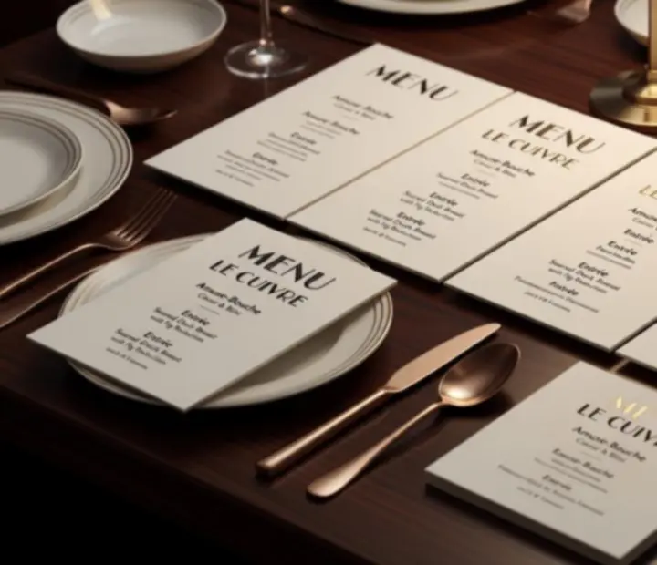Elegant printed menu cards arranged on a restaurant table at Suited and Seared