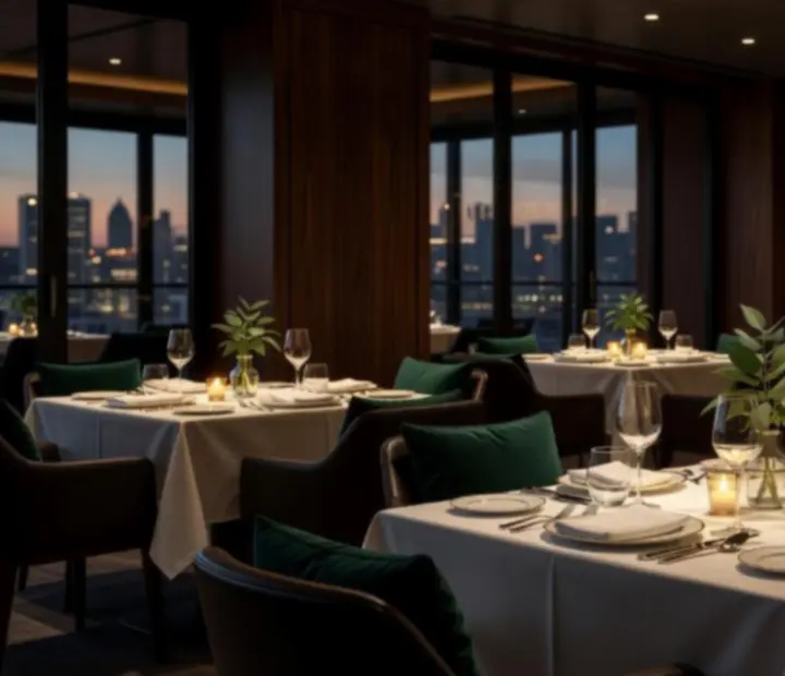Moody restaurant gallery scene with softly lit tables and guests dining