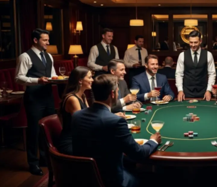 Adults enjoying a hosted poker evening with food and cocktails