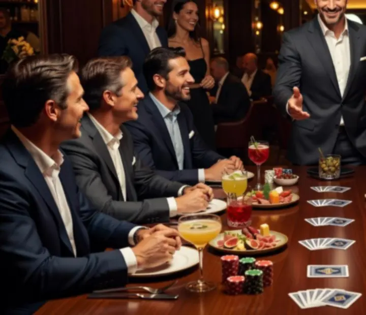 Professional host standing beside a refined poker table with cocktails and shared plates