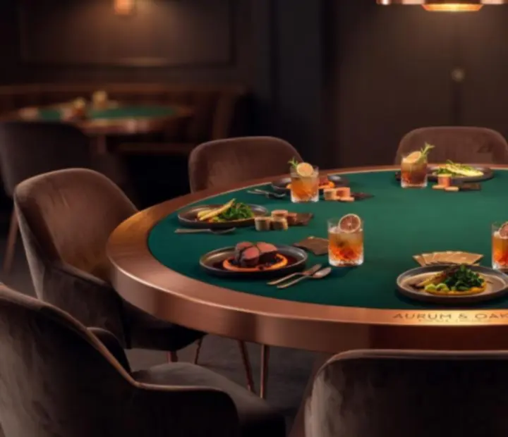 Elegant private poker table with cocktails and plated dishes