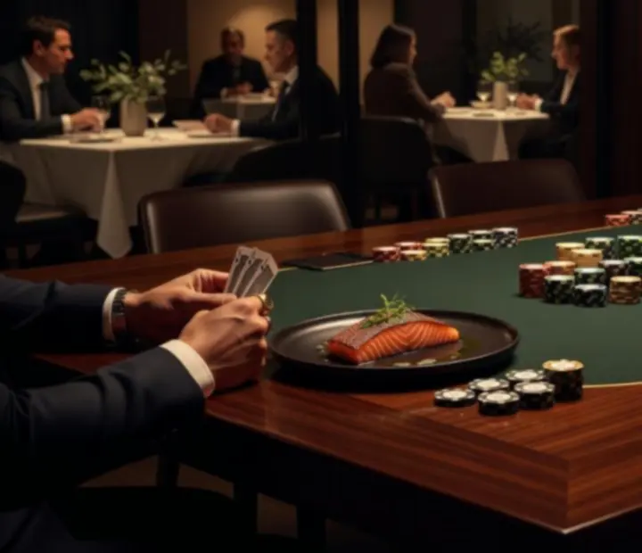 Private poker table in Melbourne with cocktails, plated food, and branded chips