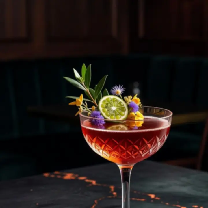 Close-up of a signature emerald-toned cocktail garnished with native botanicals