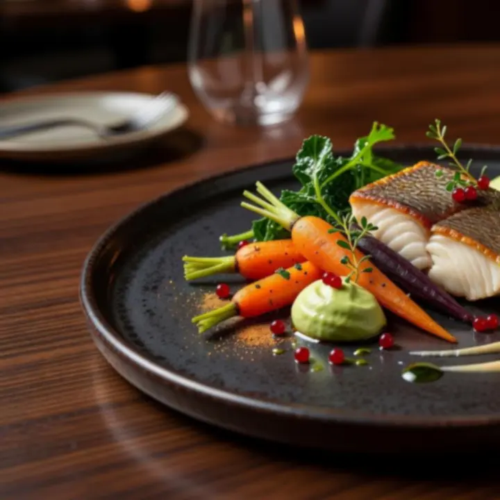 Signature modern Australian dish plated on a dark table