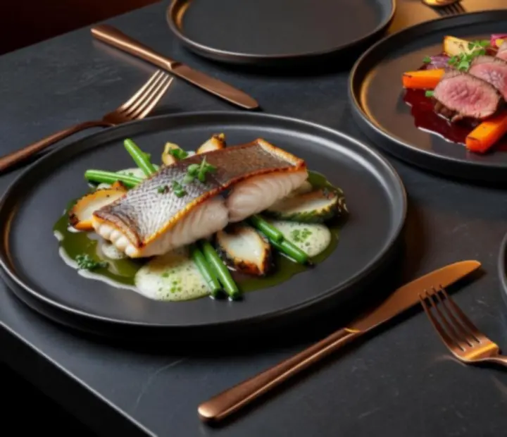 Artfully plated signature dishes arranged on a dark table