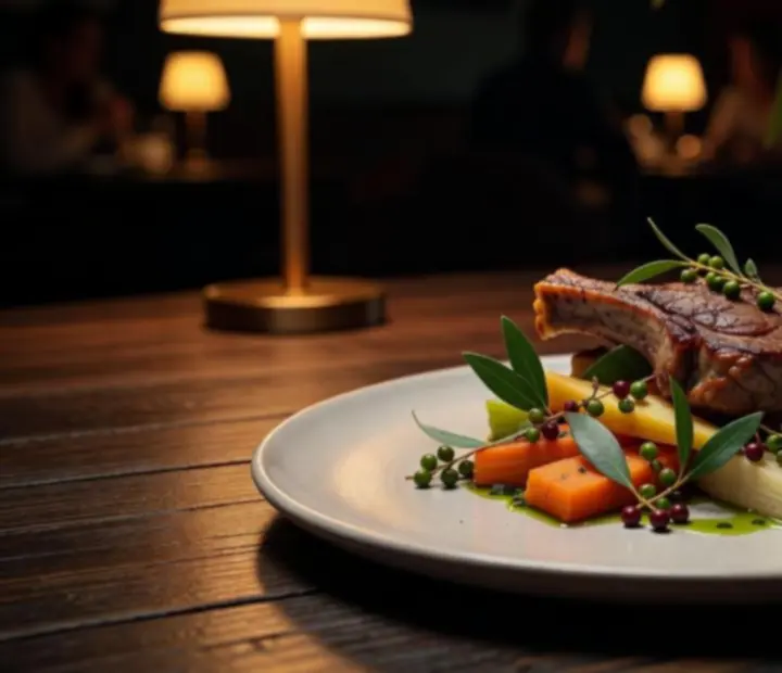Artfully plated signature main dish at Suited and Seared, styled for evening dining